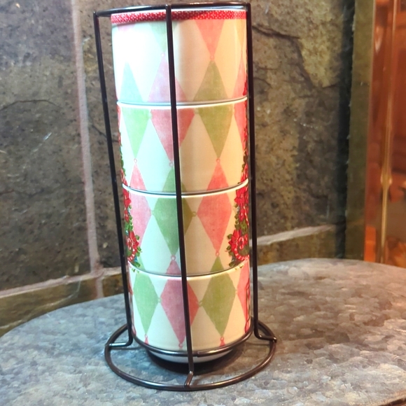 Pier 1 Imports Stacking Christmas Tree Mugs in Metal Stand - Picture 2 of 5